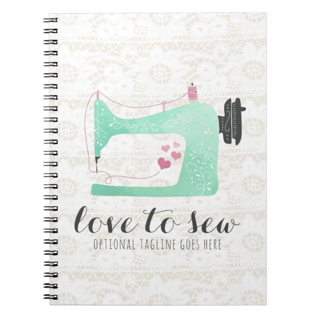 Carnet Machine à coudre sur dentelle shabby chic et toile (Devant)