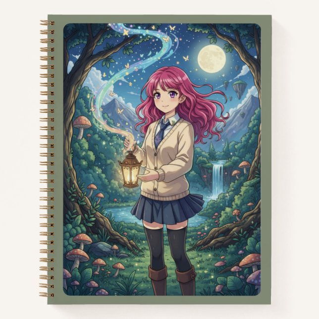 Carnet Magenta Hair Anime Girl & Enchanted Forest Lantern (Devant)