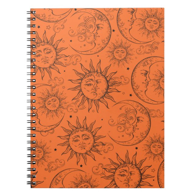 Carnet Magie Orange Vintage Céleste Soleil Lune Étoiles (Devant)