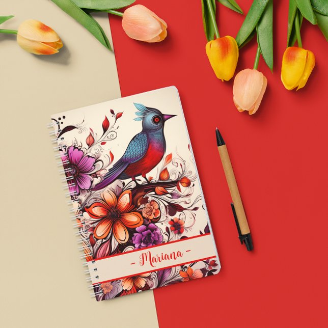 Carnet Magnifique oiseau rouge et nom floral personnalisé (Gorgeous Red bird and floral custom name Summer Notebook)