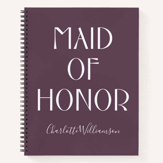 Carnet Maid of Honor Eggplant Typographie Nom Mariage (Devant)
