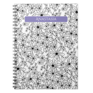 Carnet Main tiré Floral Blanc noir Motif pourpre Nom