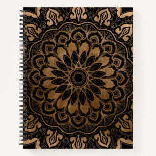 Carnet Main tirée florale Mandala Faux Gold sur noir