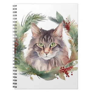 Carnet Maine Coon Chat Noël Wreath Festive Kitten