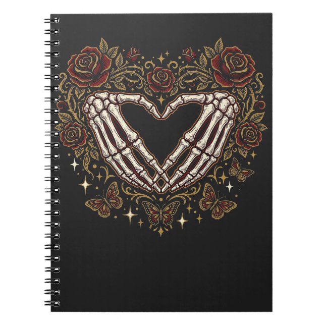 Carnet Mains de squelette cœur Rose florale gothique (Devant)