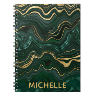 Carnet Malachite vert foncé et veines de feuilles d'or