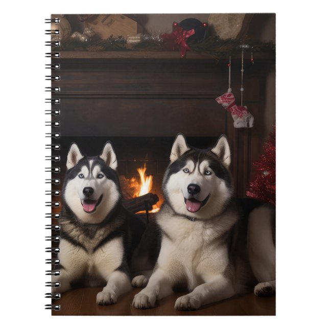 Carnet Malamute d'Alaska au coin de la cheminée de Noël (Devant)