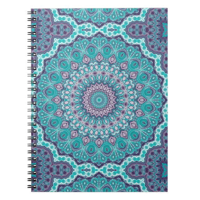 Carnet Mandala à l'aquarelle en turquoise et violet (Devant)