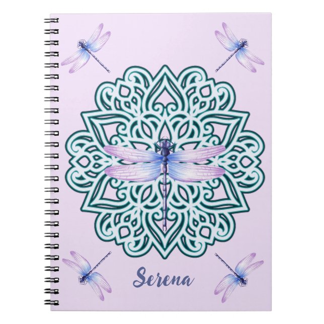 Carnet Mandala de libellule bleu violet personnalisé rose (Devant)