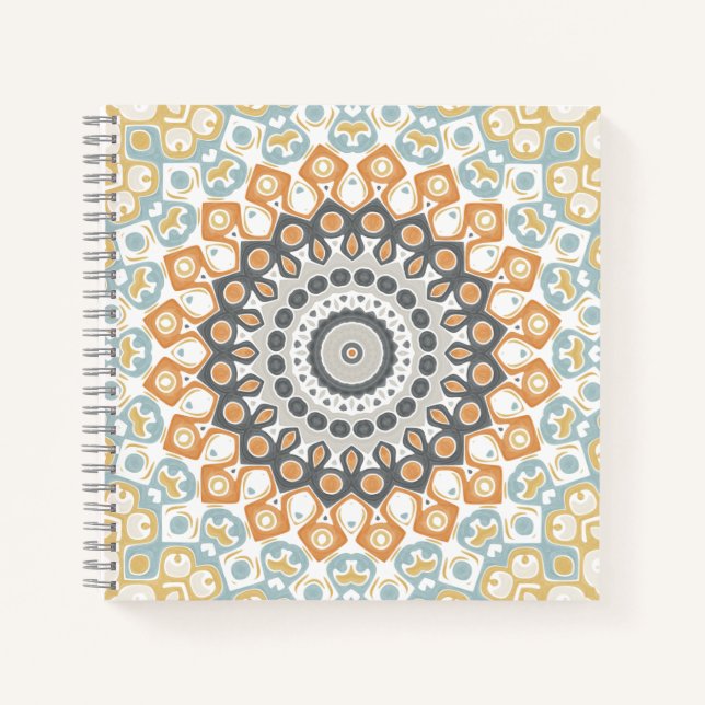 Carnet Mandala géométrique en orange, gris et bleu (Devant)