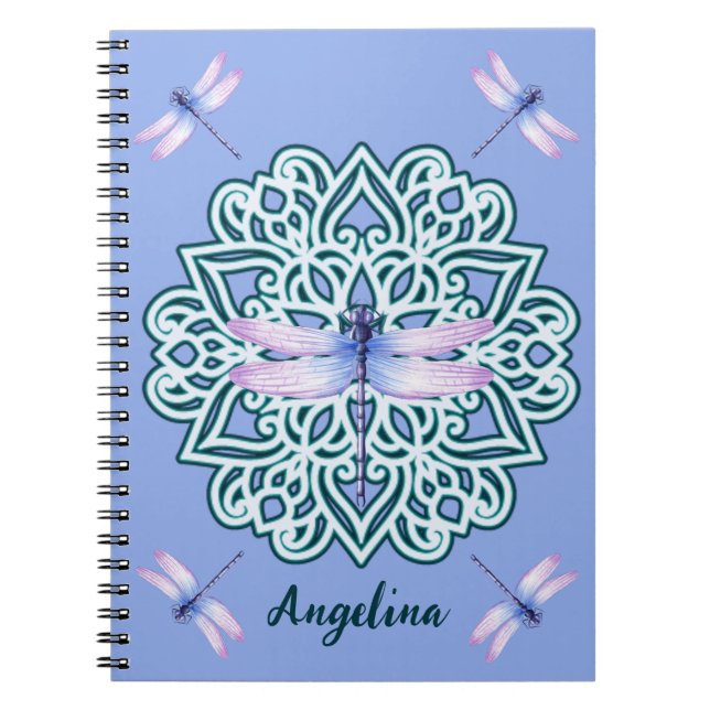 Carnet Mandala Libellule Monogramme Violet Nom Script (Devant)