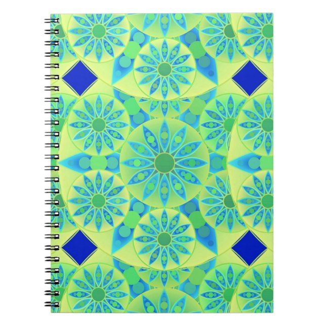 Carnet Mandala motif, turquoise, bleu, vert citron (Devant)