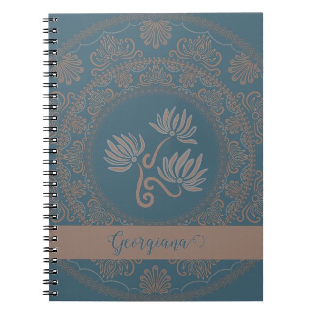 Carnet Mandala personnalisé doré et sarcelle rococo à mot (Devant)
