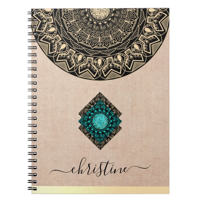 Carnet Mandala toile de jute beige nom en écriture noire (Devant)
