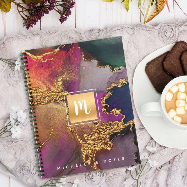 Carnet Marbre aquarelle or violet bleu vert monogramme (Créateur téléchargé)