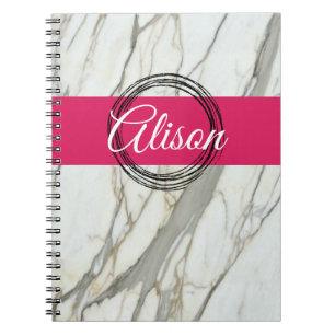 Carnet Marbre blanc et nom personnalisé fuchsia rose