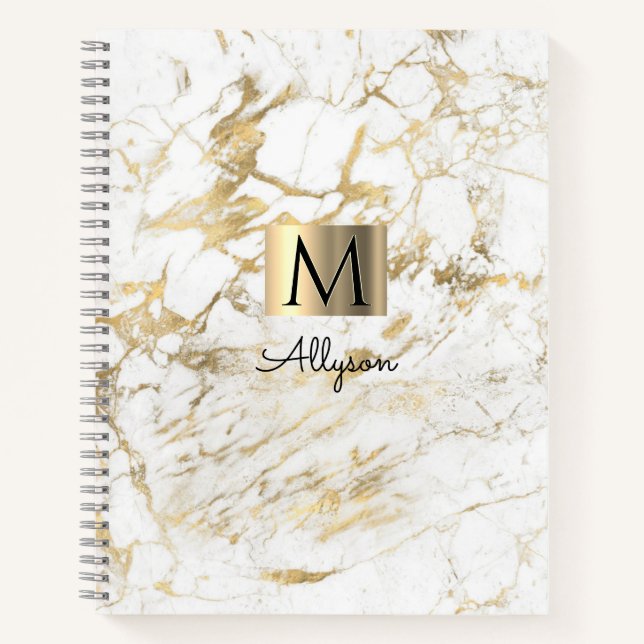 Carnet Marbre blanc et or, boîte dorée, nom et monogramme (Devant)