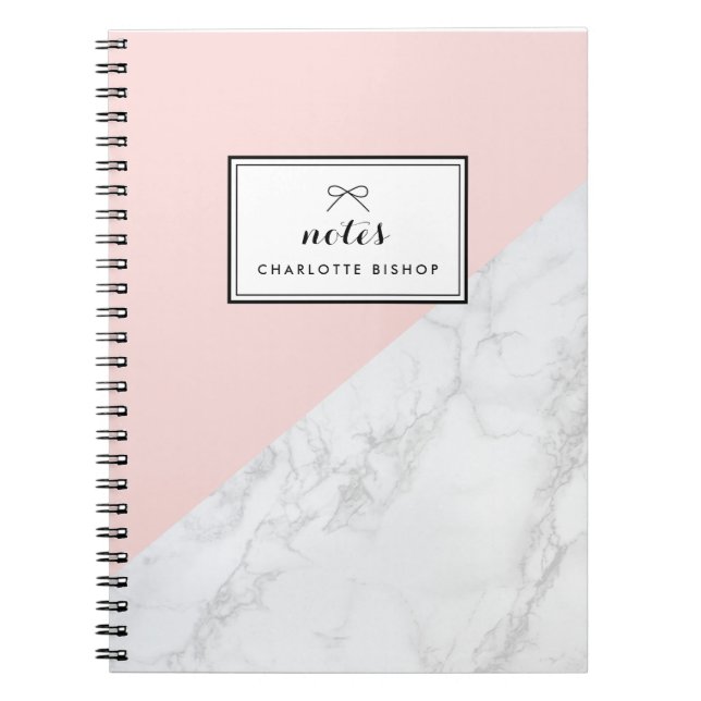 Carnet Marbre blanc moderne avec bloc rose Personnalisé (Devant)