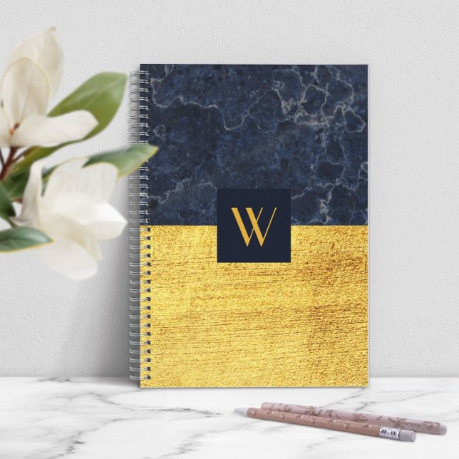 Carnet Marbre Bleu Or Monogramme Élégant (Elegant Monogram Blue Gold Marble Notebook)