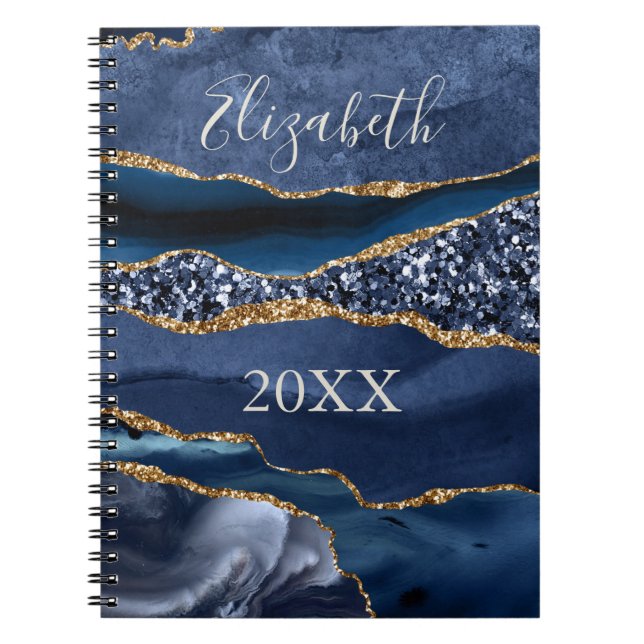 Carnet Marbre d'agate nom monogrammé bleu or paillettes (Devant)