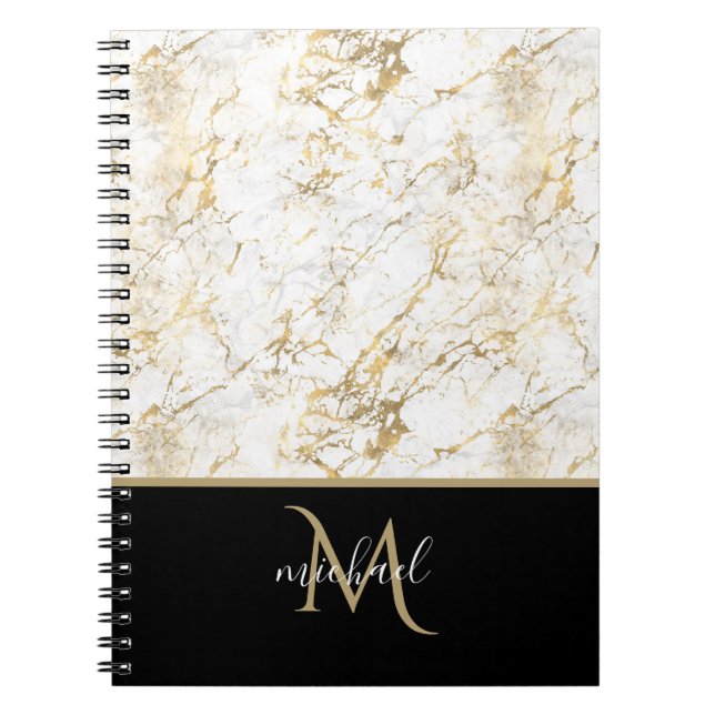 Carnet Marbre doré et blanc avec luxe de monogramme noir (Devant)