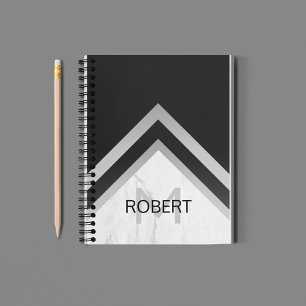 Carnet Marbre géométrique à chevron noir et argent monogr