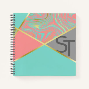 Carnet Marbre moderne Mint Corail Pastel Or Monogramme