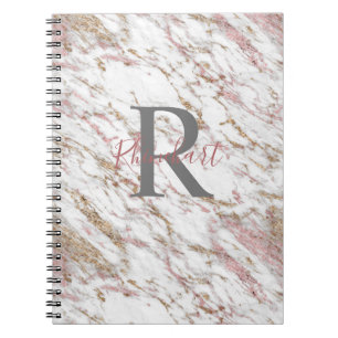 Carnet Marbre Monogramme Nom Initial Blanc Gris Or Rose