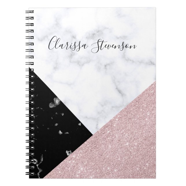 Carnet Marbre noir blanc de parties scintillantes roses (Devant)