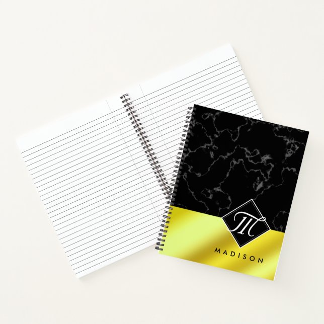 Carnet Marbre noir élégant et monogramme feuille d'or / l (Intérieur)