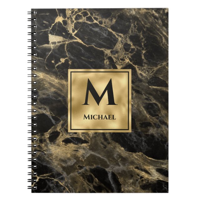 Carnet Marbre noir et or Monogramme Élégance Luxe (Devant)