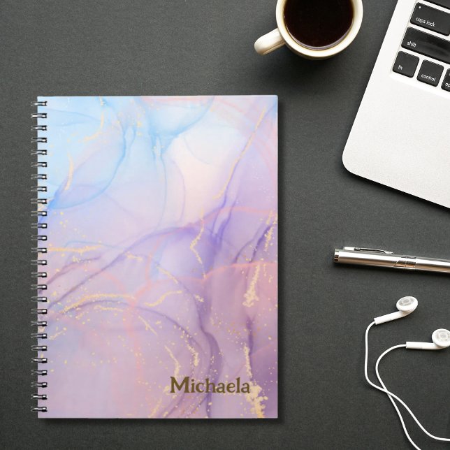Carnet Marbre Rose Bleu Paillettes Dorées Nom  (Pink Blue Gold Glitter Marble Name Notebook)
