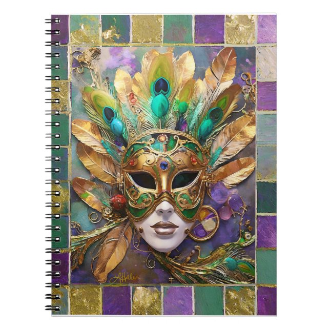 Carnet Mardi Gras Gold et vert Peacock Feature Masque (Devant)