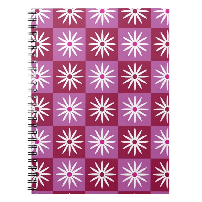 Carnet Marguerite blanche sur damier rouge et rose (Devant)