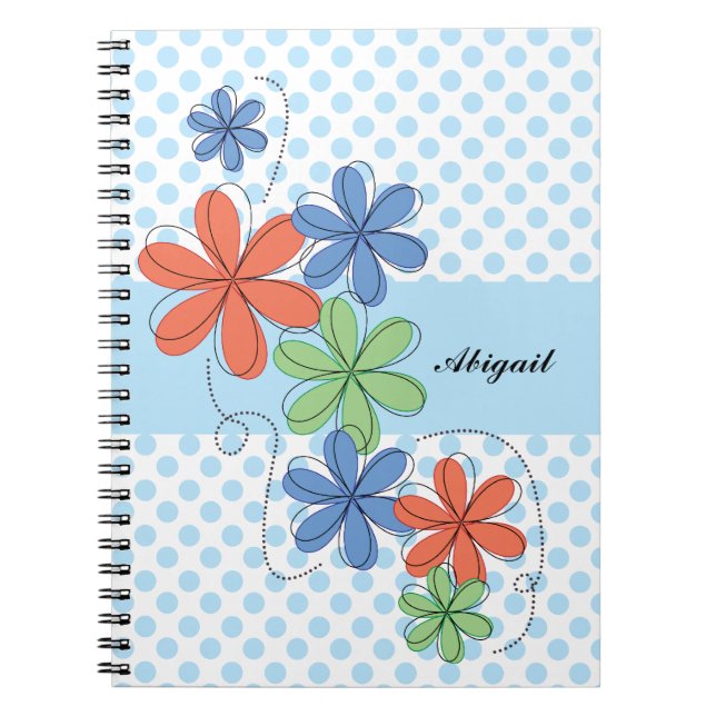 Carnet Marguerites colorées, pois bleu, personnalisé (Devant)