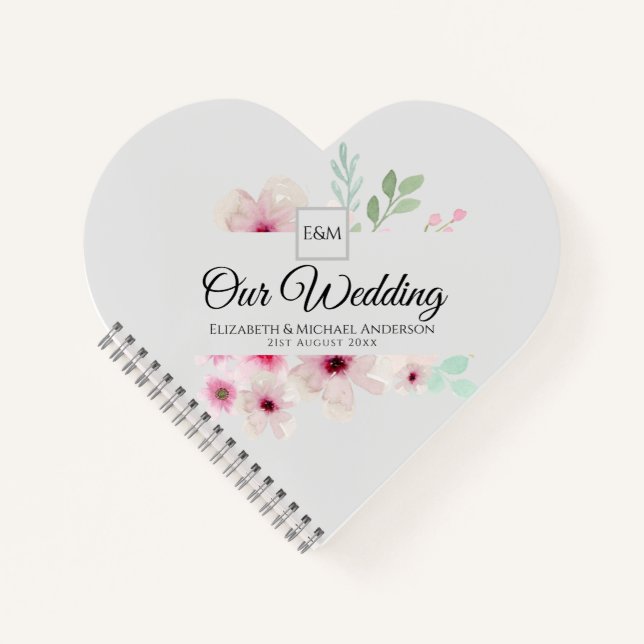 Carnet Mariage au Monogramme Couple Rose Fleurs de Touche (Devant)