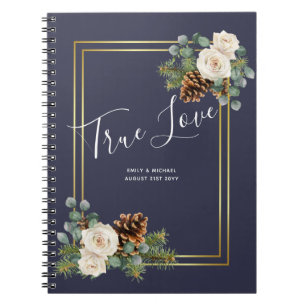 Carnet Mariage d'hiver Roses blanches Or Dusty Bleu