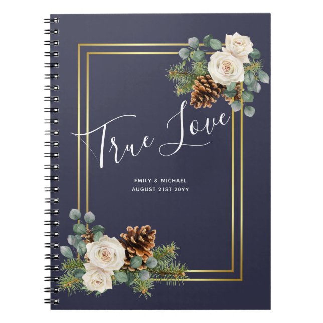 Carnet Mariage d'hiver Roses blanches Or Dusty Bleu (Devant)