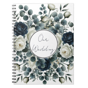 Carnet Mariage floral moderne bleu foncé et blanc