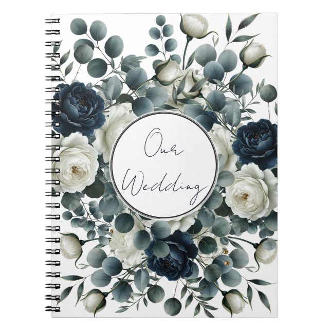 Carnet Mariage floral moderne bleu foncé et blanc (Devant)