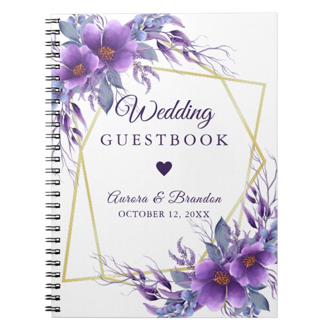 Carnet Mariage Guest Purple Floral Gold Cadre géométrique (Devant)