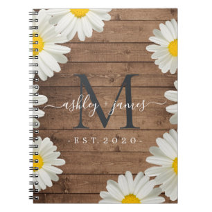 Carnet Mariage M. Mme Monogram Daisies Floral Rustic Wood