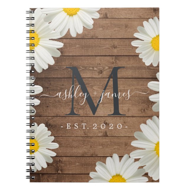 Carnet Mariage M. Mme Monogram Daisies Floral Rustic Wood (Devant)