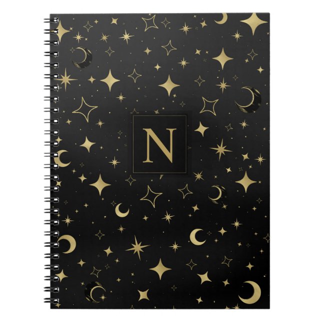 Carnet Mariage Moderne Céleste Lune Étoiles Noir & Or (Devant)