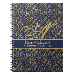 Carnet Mariage Monogramme Bleu Nuit Feuille Dorée Jeunes 