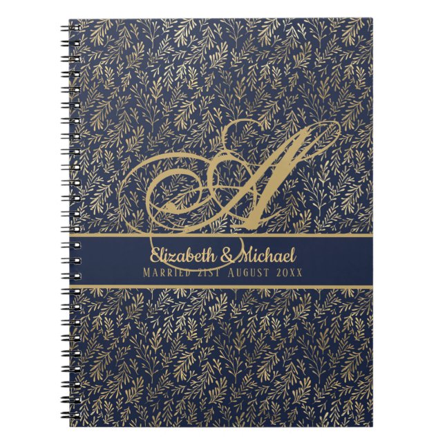 Carnet Mariage Monogramme Bleu Nuit Feuille Dorée Jeunes  (Devant)