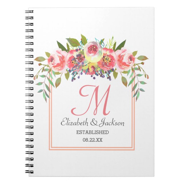 Carnet Mariage Monogramme Peach Aquarelle Florale Wreath (Devant)
