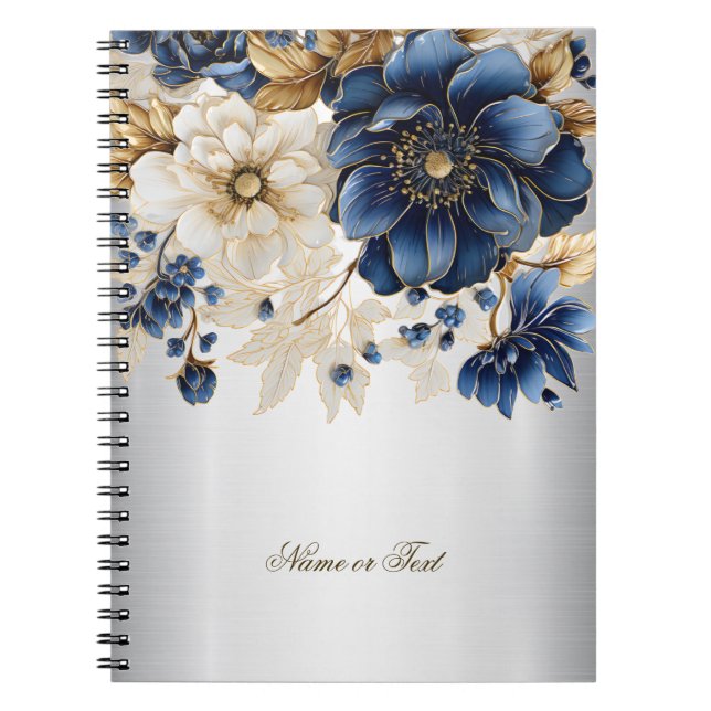 Carnet Marine Bleu Blanc Golden Flowers Argent (Devant)