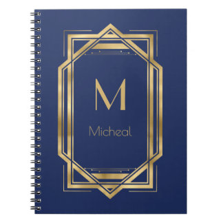 Carnet Marine bleu et or géométrique | Monogramme et nom