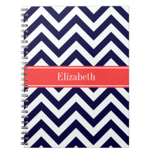 Carnet Marine Bleu Lg Chevron Corail Nom rouge Monogramme